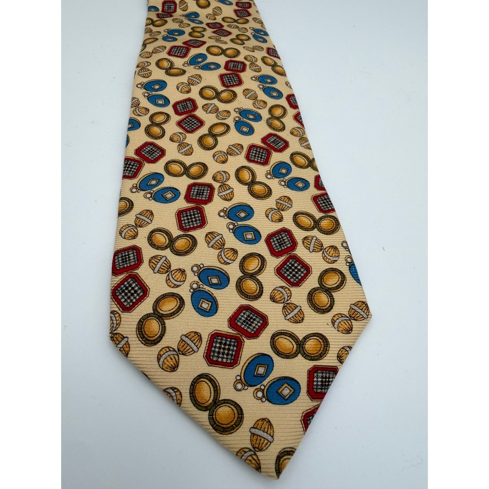 Burberrys of London Mens Silk Tie Tan Gold Blue Jewelry Cufflink Print Italy